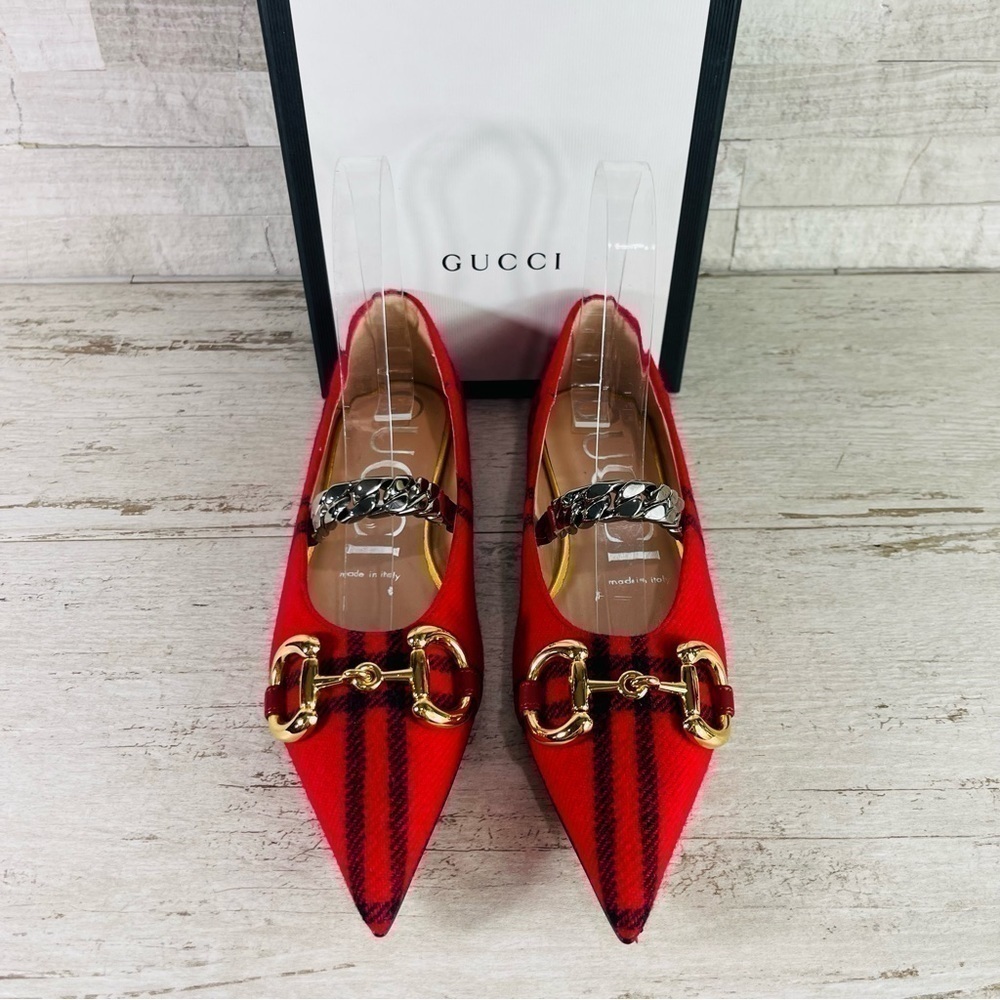 NWT GUCCI Archive Wool Check Pointed Toe Ballet Flats Shoes Red/Black SZ 35